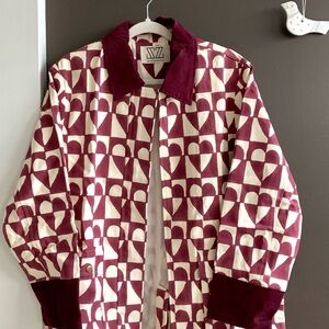 Anthropologie Burgundy Heart Block Print Pattern Jacket Coat - NWT